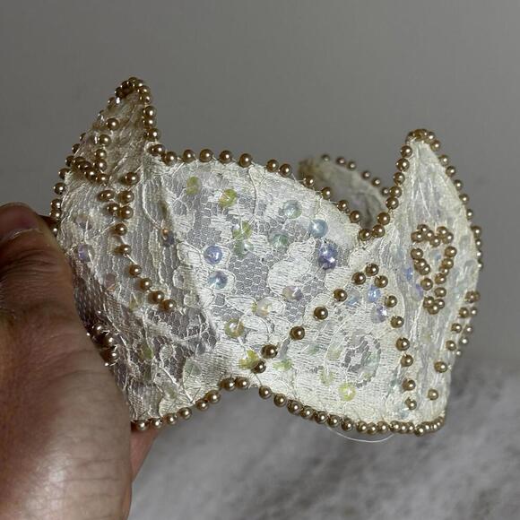 Vintage Bridal Lace Crown Tiara Gold Beaded Heart & Sequin Wedding Headpiece